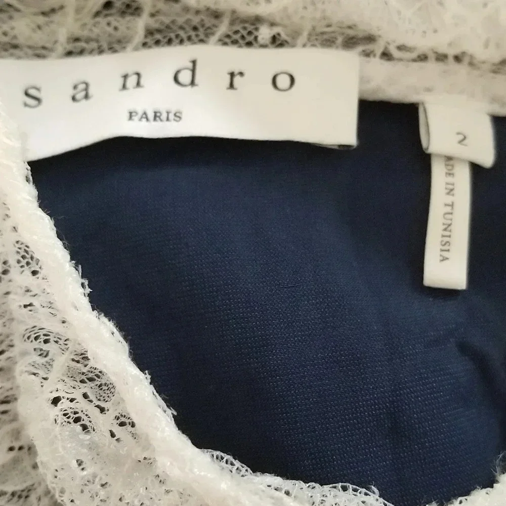 New Sandro Blue Velvet White Lace Short Sleeve Top M